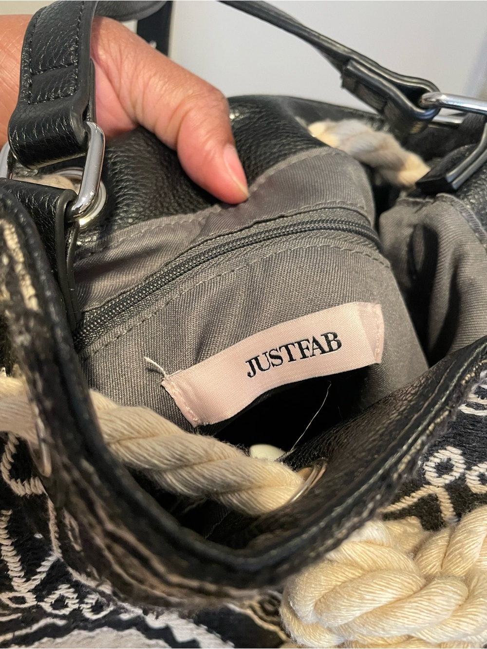 JustFab Black and Cream Woven Drawstring Shoulder Bag - Picture 3 of 8